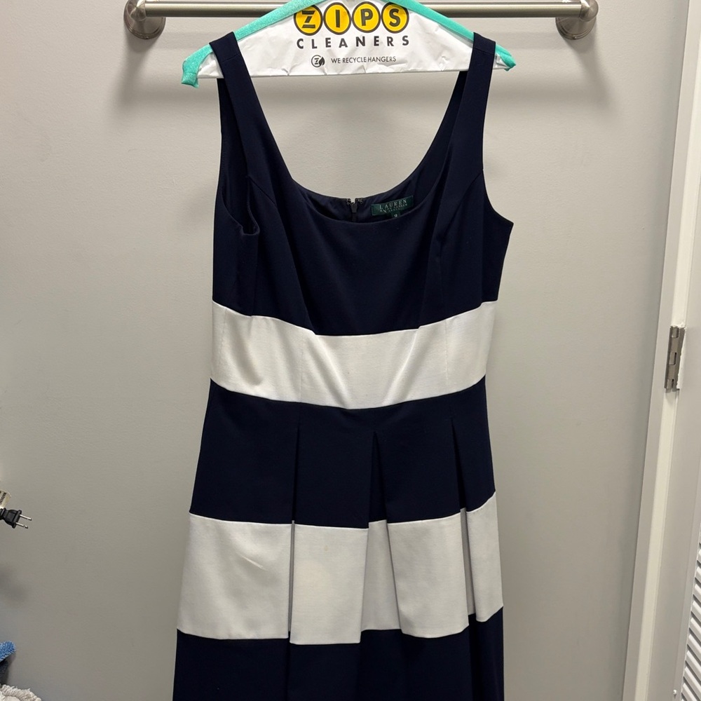 Ralph Lauren Blue and White Blocked Midi Dress